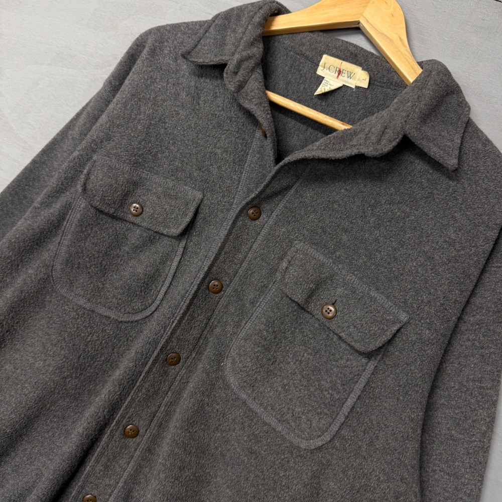 Vintage J.Crew Fleece Button Up‎ Shirt Chamois Gray Long Sleeve Pocket Large - Picture 2 of 6